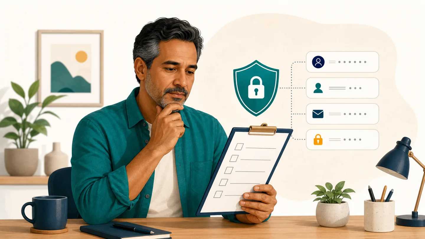 Pessoa adulta revisando dados e privacidade antes do cadastro